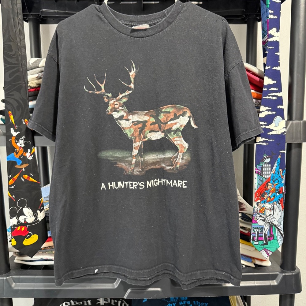 Vintage Black A Hunter's Nightmare Camo Deer Graphic Tee XL